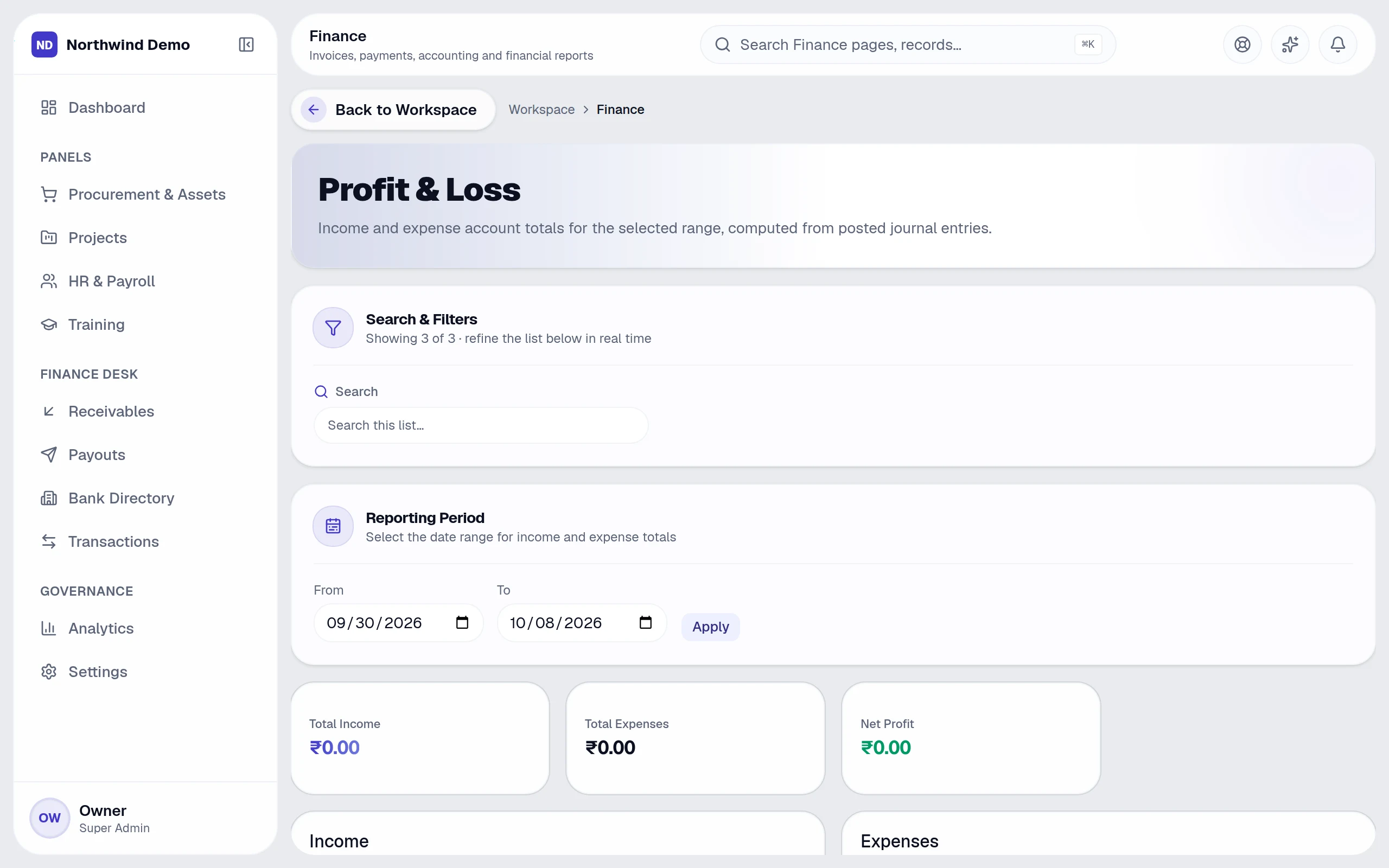 Profit & loss — real screen of the product on a laptop
