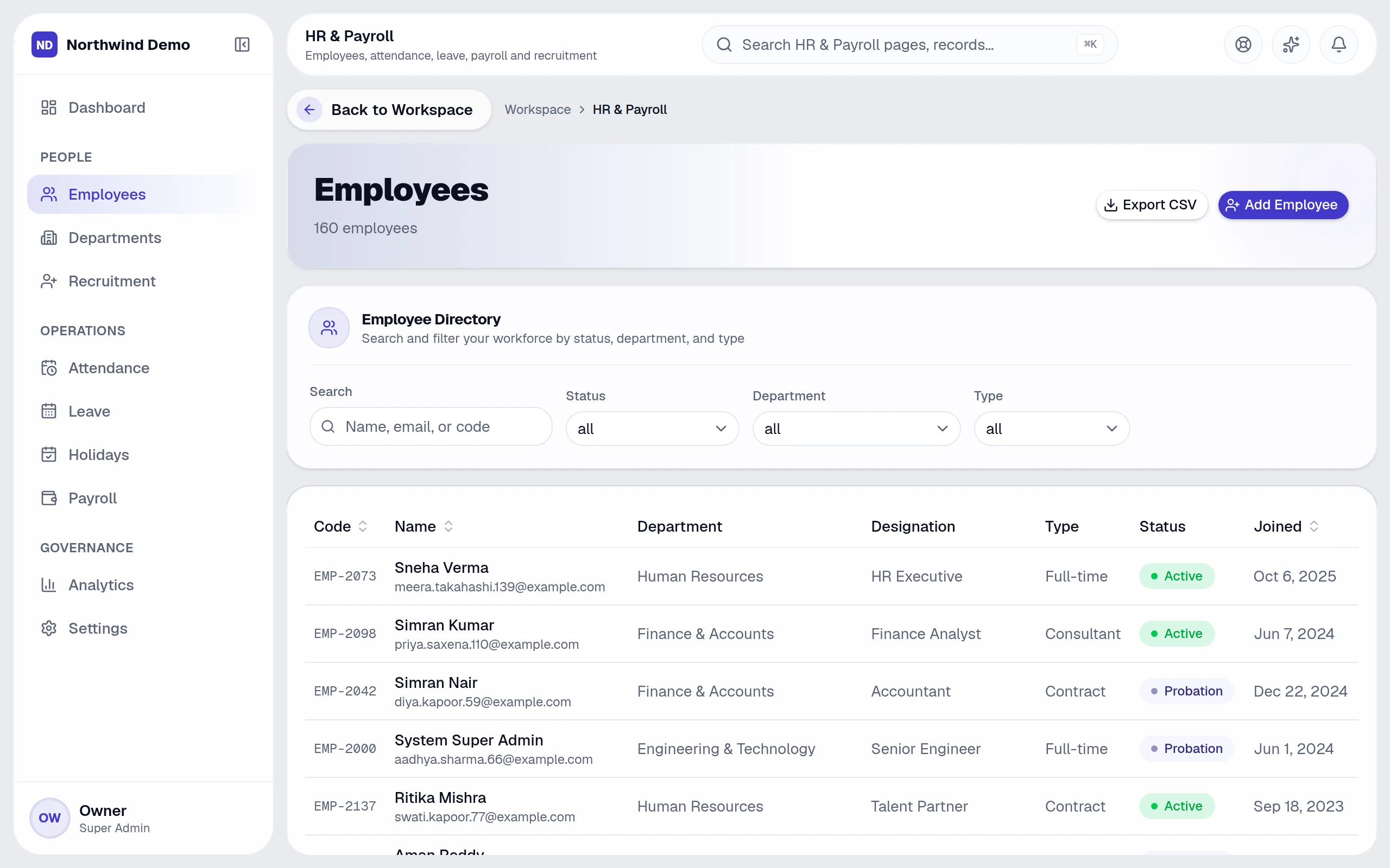 Employee directory — real screen of the product on a laptop