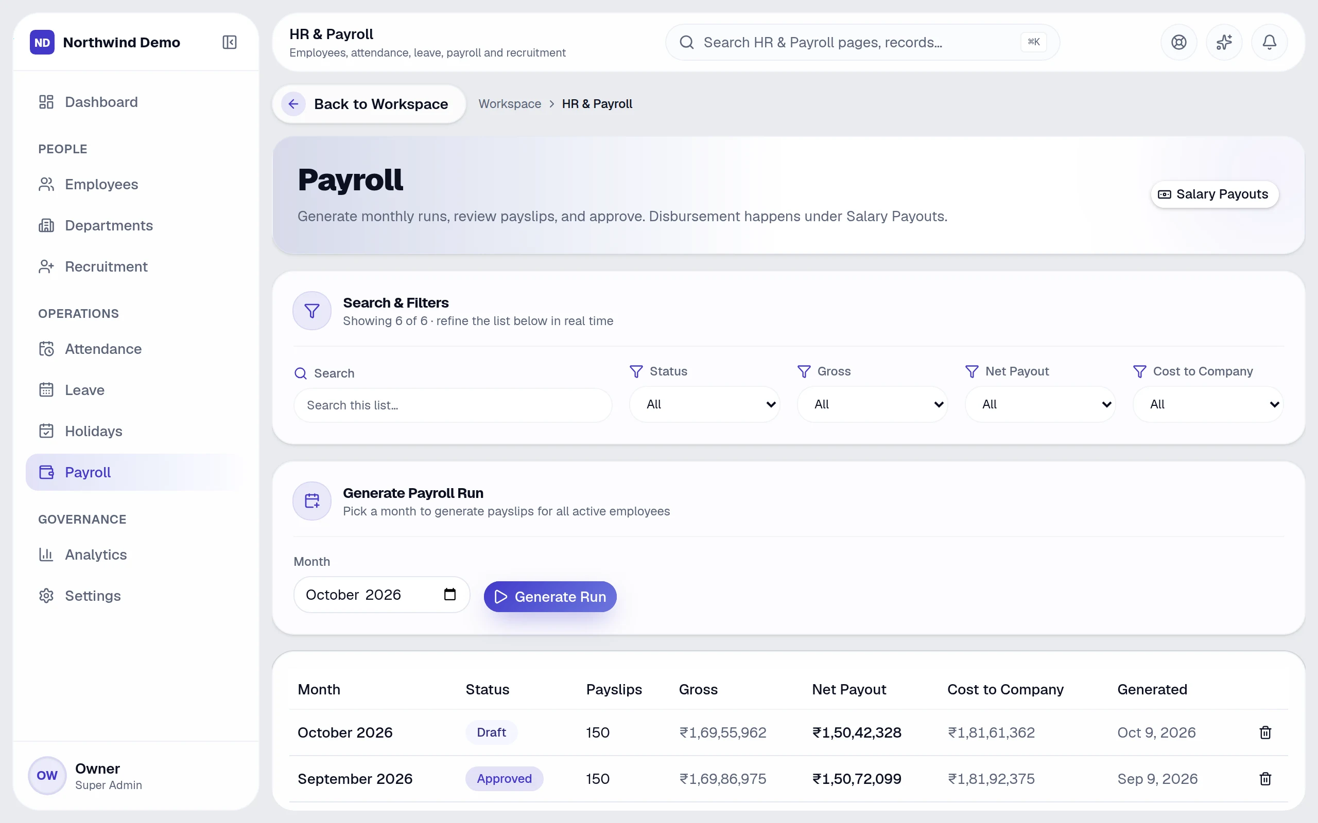 Payroll — real screen of the product on a laptop