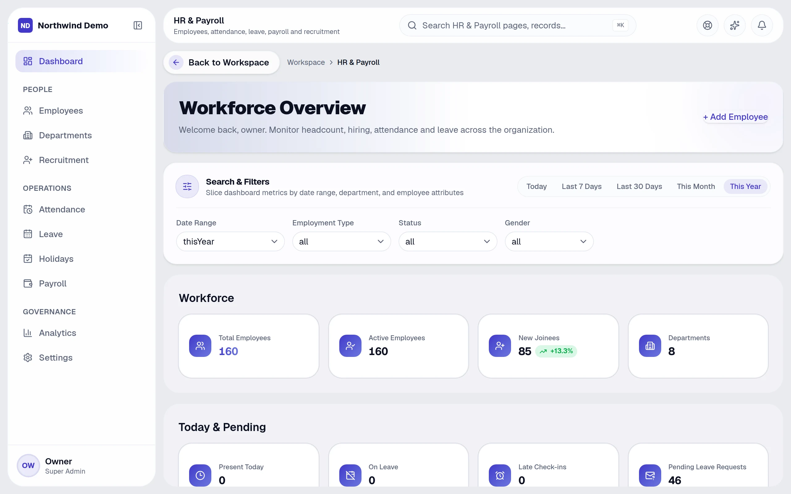 HR & Payroll — real screen of the product on a laptop