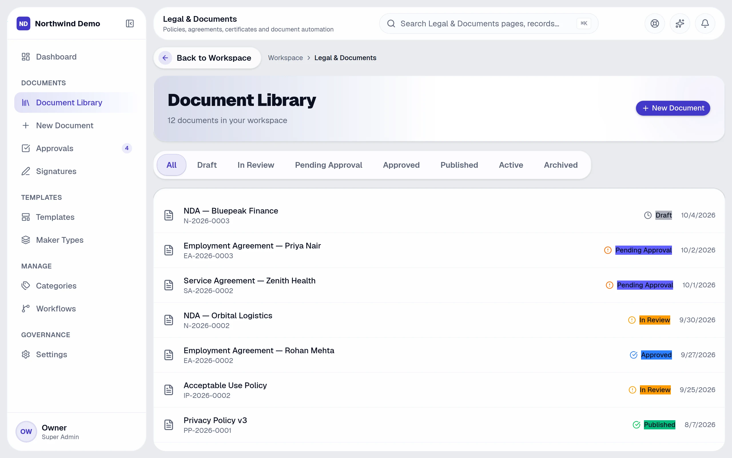 Document library — real screen of the product on a laptop