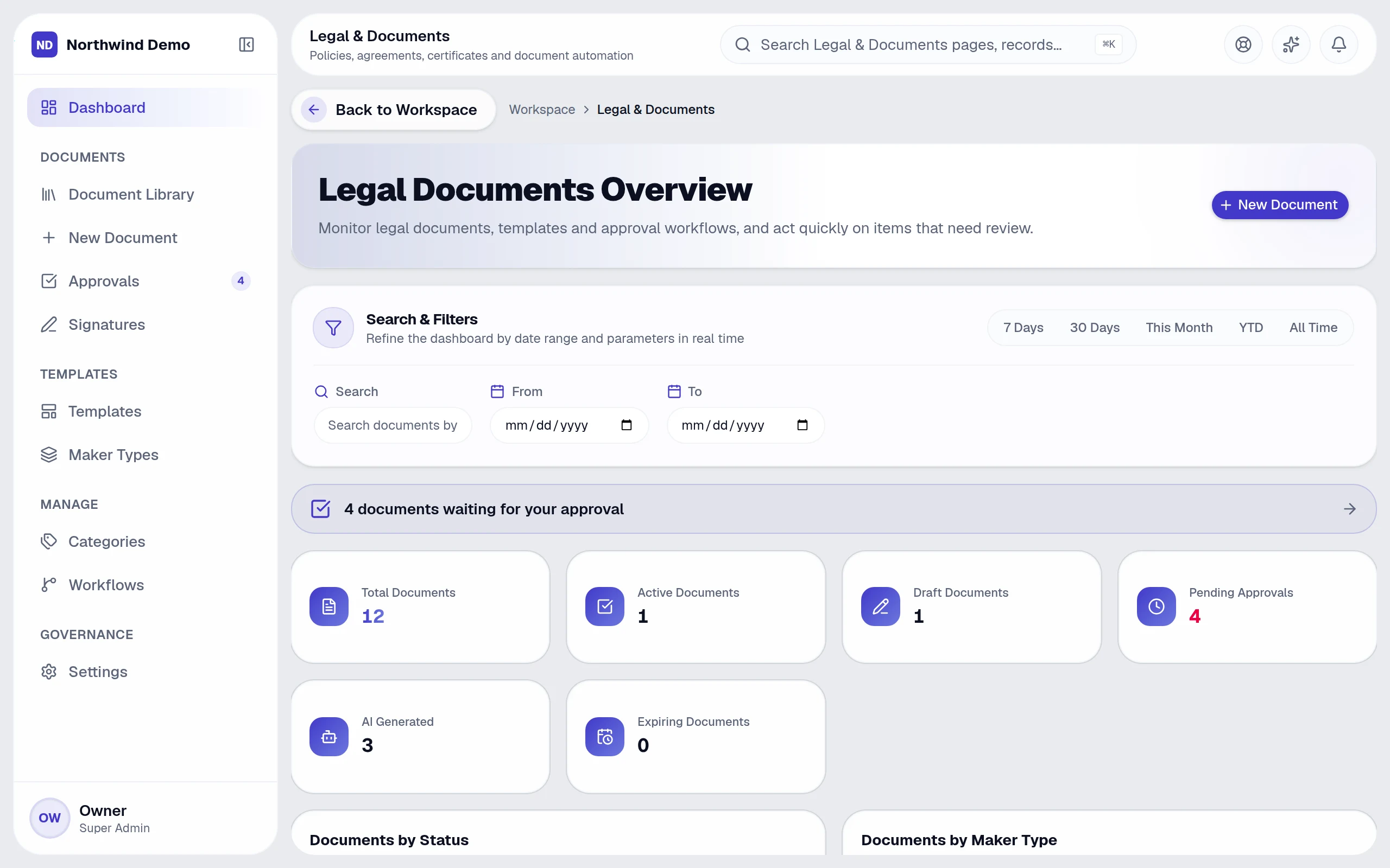 Legal & Documents — real screen of the product on a laptop