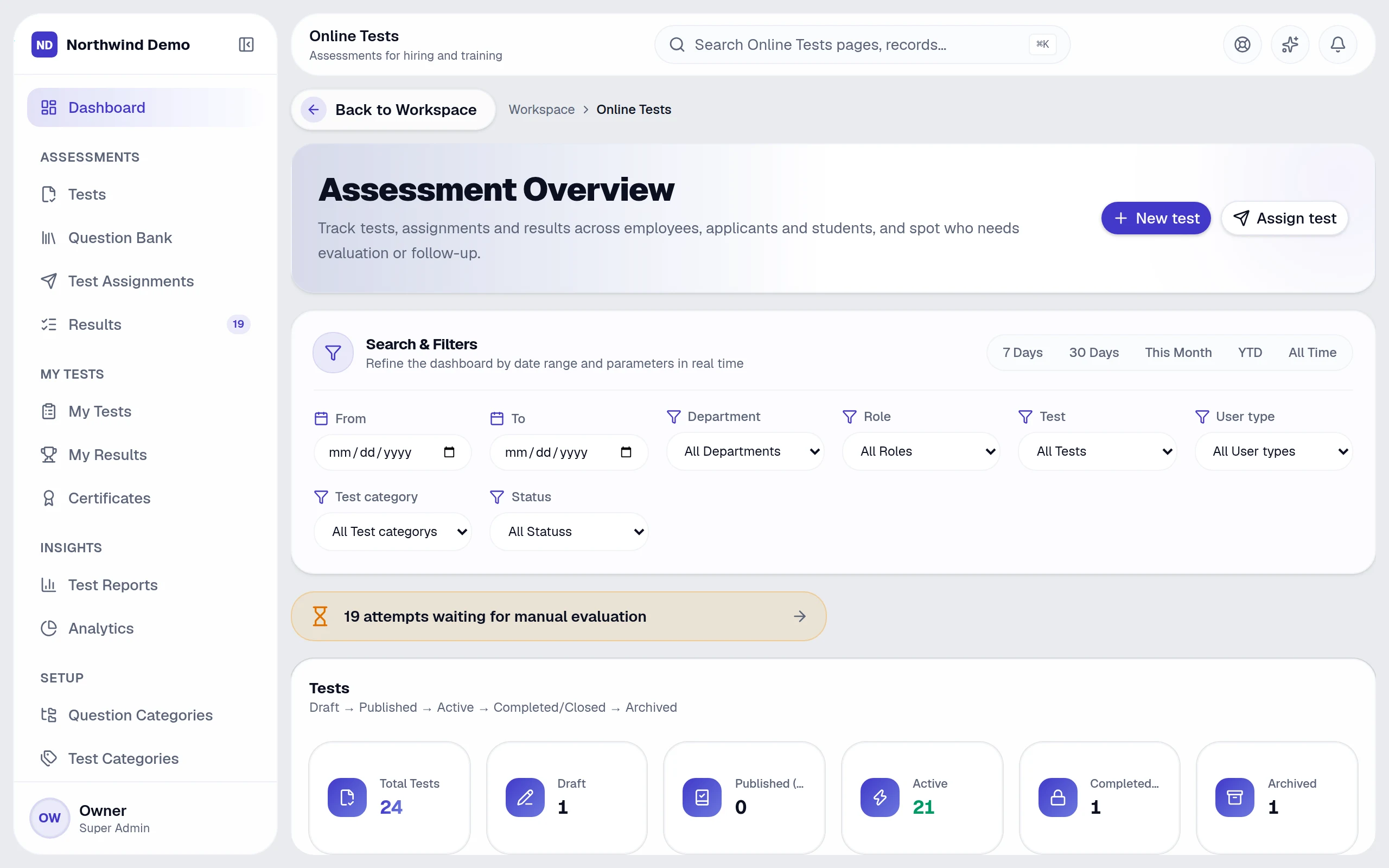 Online Tests — real screen of the product on a laptop