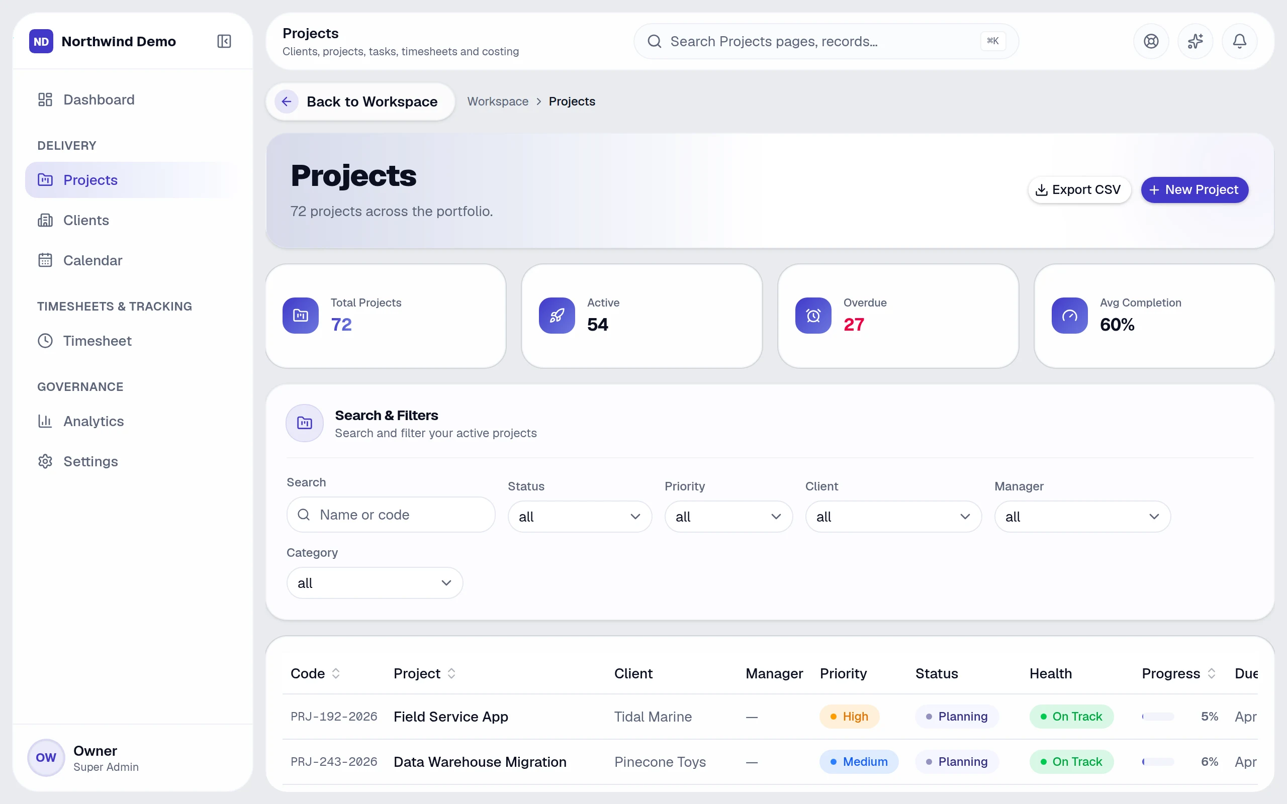 Projects — real screen of the product on a laptop