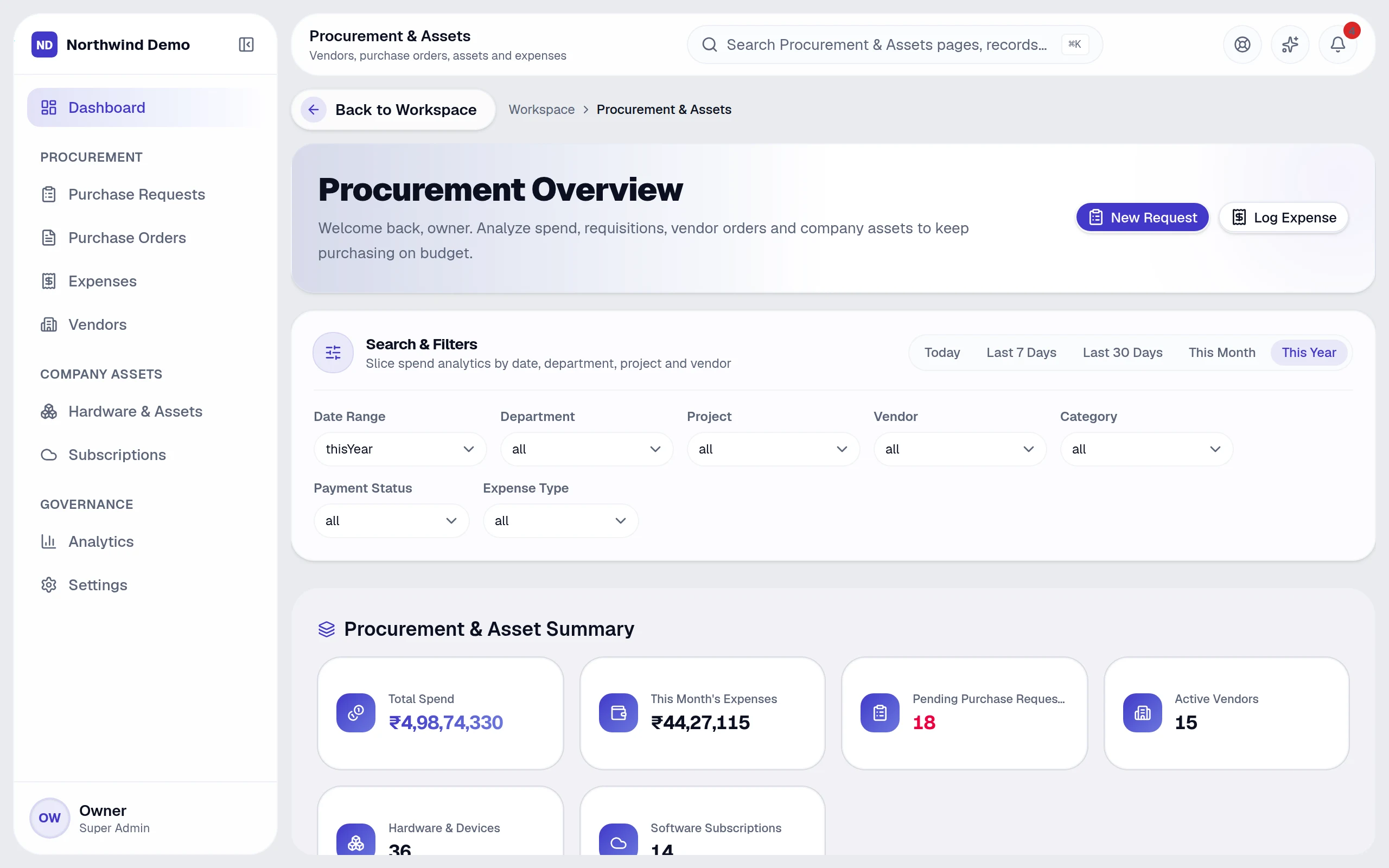Procurement & Assets — real screen of the product on a laptop