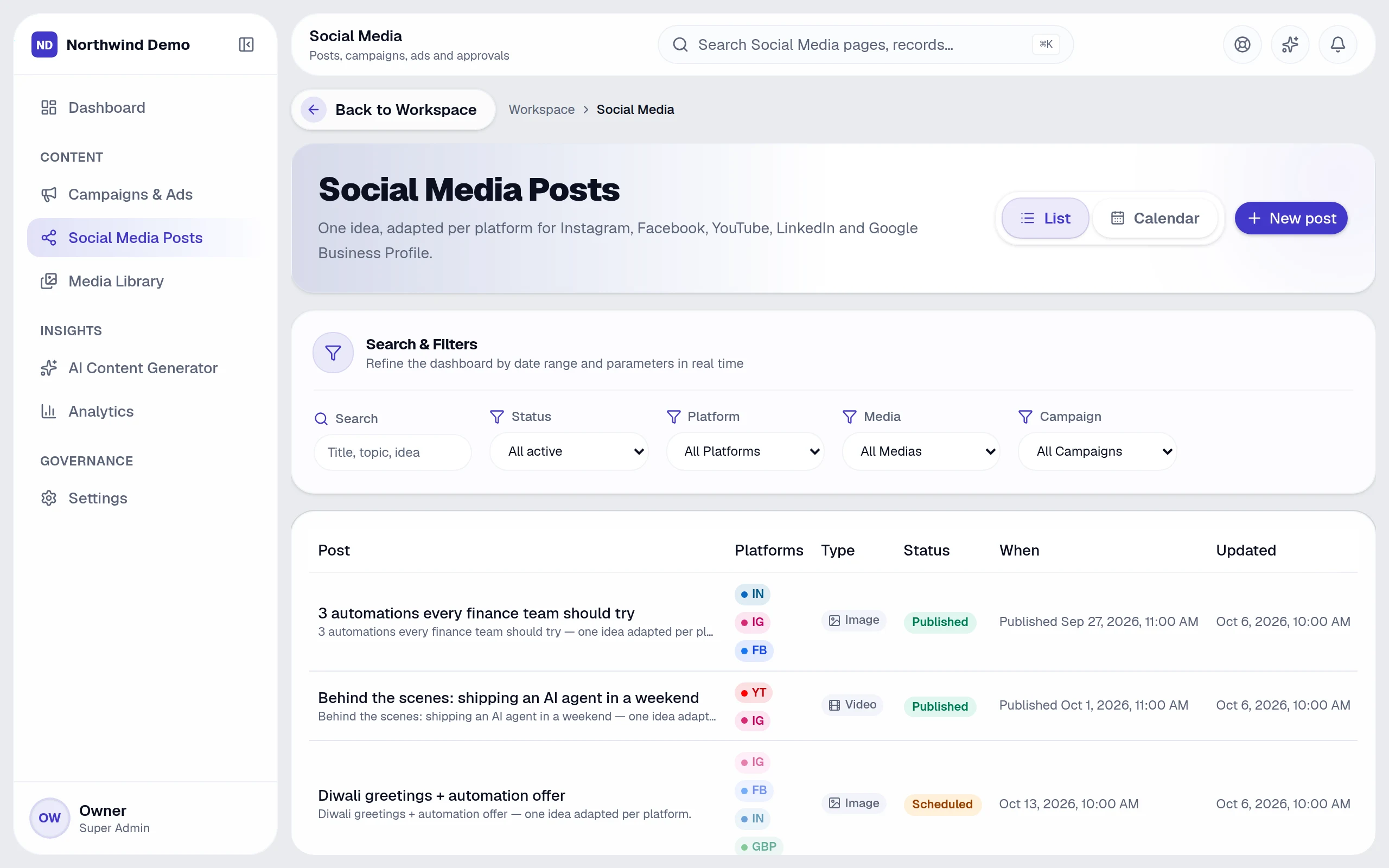 Social media posts — real screen of the product on a laptop